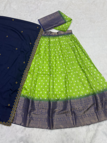 HALF SAREE SOFT LICHI SILK BANDHEJ PRINTED SAREE SET