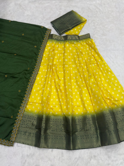 HALF SAREE SOFT LICHI SILK BANDHEJ PRINTED SAREE SET