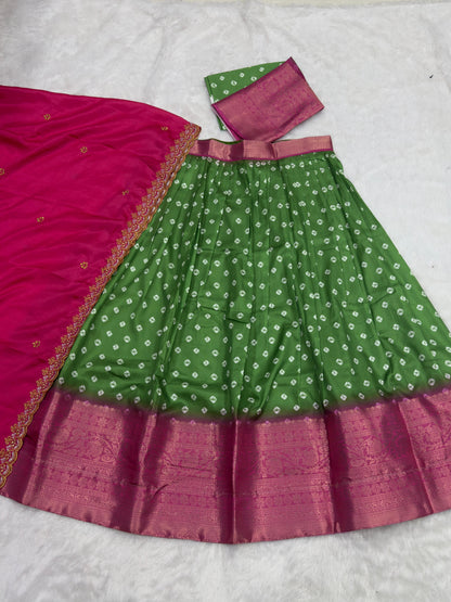 HALF SAREE SOFT LICHI SILK BANDHEJ PRINTED SAREE SET