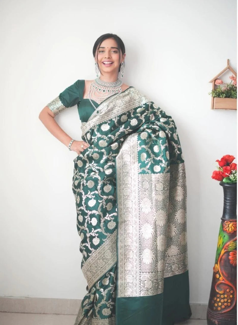 1-Min Ready To Wear Green Soft Silk Saree With Gleaming Green Blouse Piece