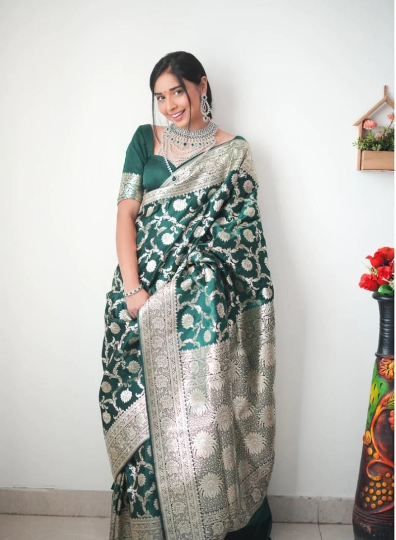 1-Min Ready To Wear Green Soft Silk Saree With Gleaming Green Blouse Piece