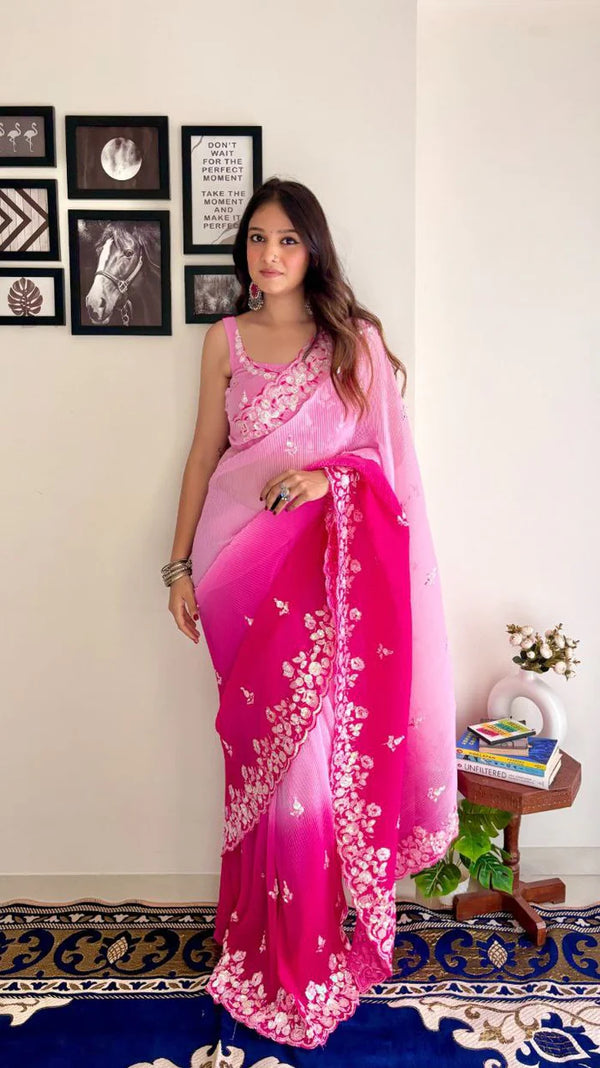 GEORGETTE WITH CRUSH PATTERN FABRIC WITH SEQUENCE EMBROIDERY WORK SAREE