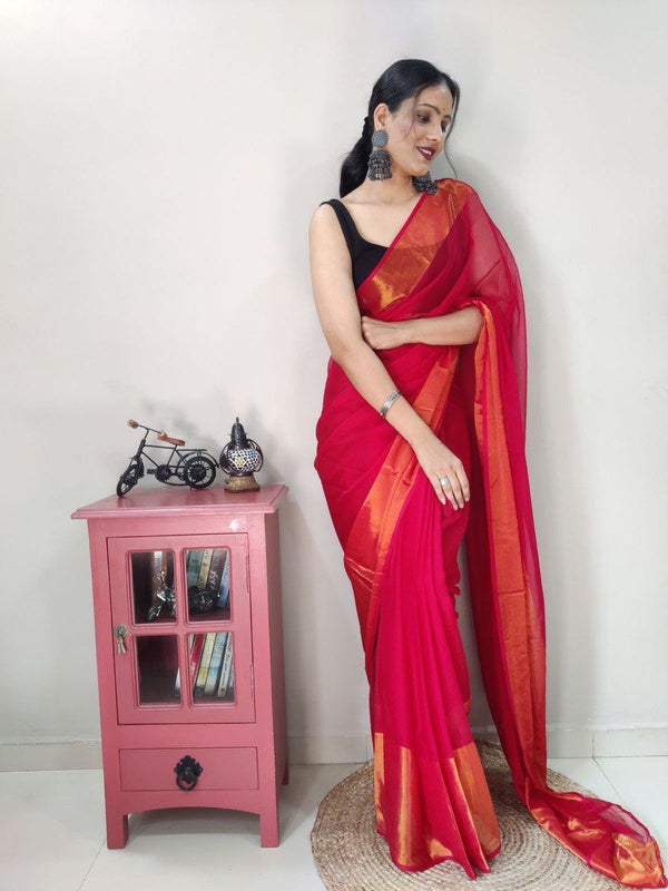 1-Min Ready to Wear saree in PREMIUM CHIFFON WITH ZARI PATTA