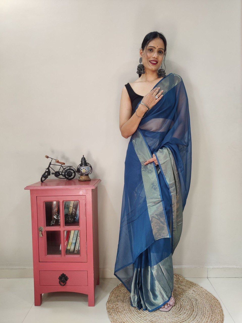 1-Min Ready to Wear saree in PREMIUM CHIFFON WITH ZARI PATTA