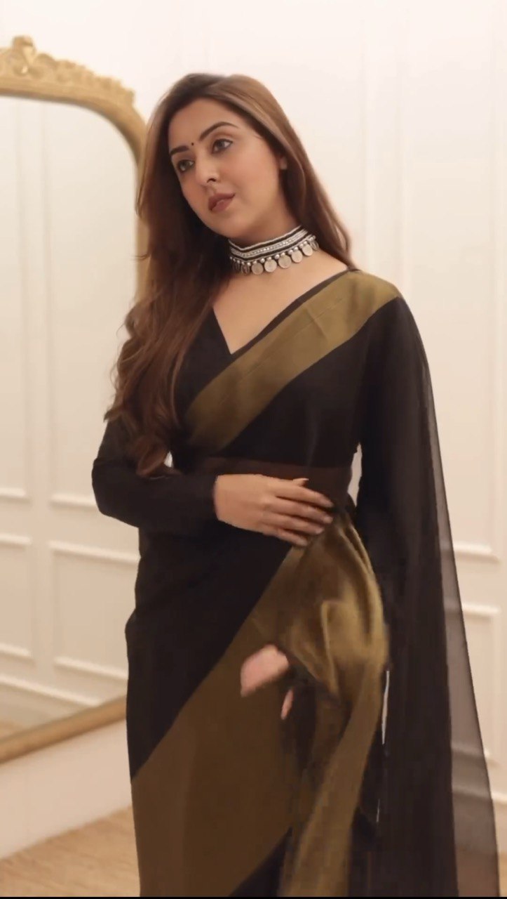 1-MIN READY TO WEAR SAREE IN PREMIUM CHIFFON SILK WITH ZARI PATTA