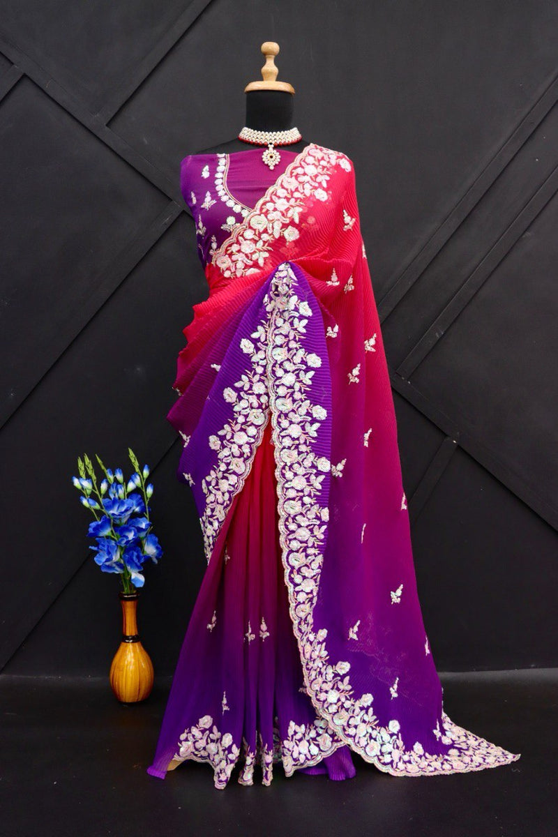 GEORGETTE WITH CRUSH PATTERN FABRIC WITH SEQUENCE EMBROIDERY WORK SAREE