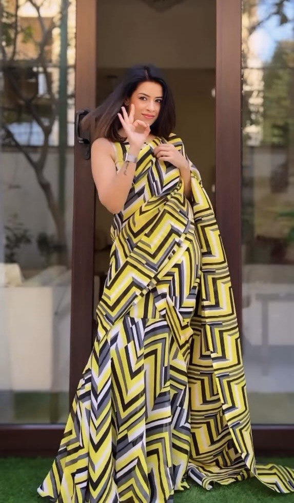READY TO WEAR GOWN SAREE YELLOW AND DARK BLUE COLOUR