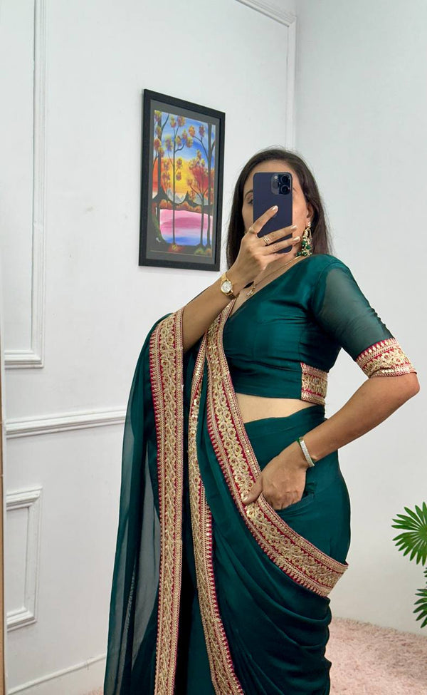 1 MIN READY TO WEAR  POCKET SAREE WITH LACE BORDER WORK AND FULLY STITCHED