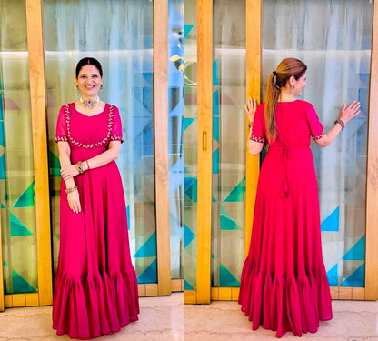 FAUX GEORGETTE FABRIC GOWN WITH EMBROIDERED KOTI & BELT