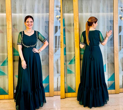 FAUX GEORGETTE FABRIC GOWN WITH EMBROIDERED KOTI & BELT