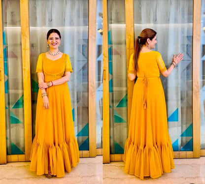 FAUX GEORGETTE FABRIC GOWN WITH EMBROIDERED KOTI & BELT