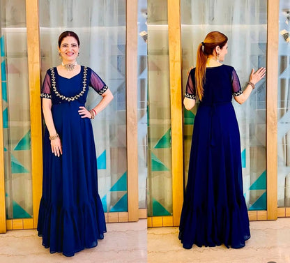 FAUX GEORGETTE FABRIC GOWN WITH EMBROIDERED KOTI & BELT