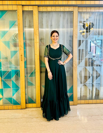 FAUX GEORGETTE FABRIC GOWN WITH EMBROIDERED KOTI & BELT
