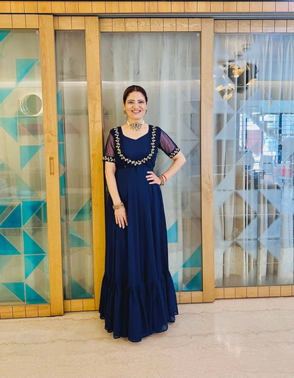 FAUX GEORGETTE FABRIC GOWN WITH EMBROIDERED KOTI & BELT