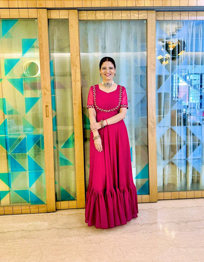 FAUX GEORGETTE FABRIC GOWN WITH EMBROIDERED KOTI & BELT