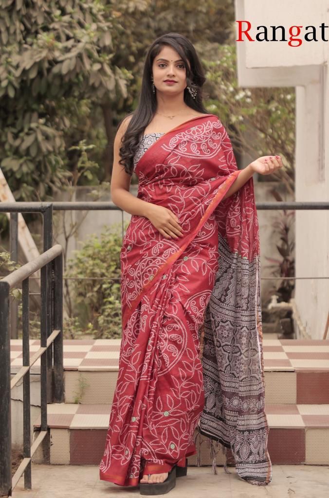 Block Print Bandhej Pure Cotton Saree Rangat