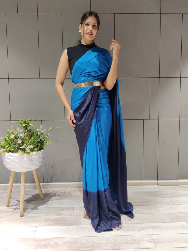 1-MIN READY TO WEAR SAREE IN PREMIUM DARK BLUE CHINON WITH BLOUSE