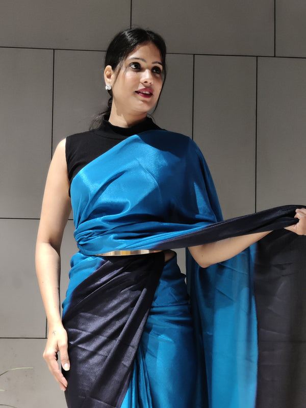 1-MIN READY TO WEAR SAREE IN PREMIUM DARK BLUE CHINON WITH BLOUSE