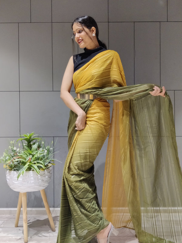 1-MIN READY TO WEAR SAREE IN PREMIUM MUSTARD CHIFFON WITH ZARI PATTA