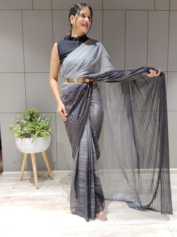 1-MIN READY TO WEAR SAREE IN PREMIUM BLACK CHIFFON WITH ZARI PATTA