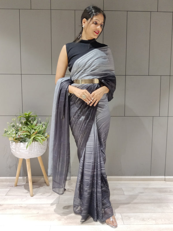 1-MIN READY TO WEAR SAREE IN PREMIUM BLACK CHIFFON WITH ZARI PATTA