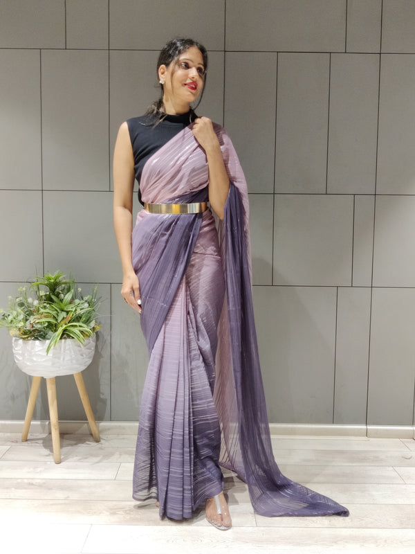 1-MIN READY TO WEAR SAREE IN PREMIUM LAVENDER CHIFFON WITH ZARI PATTA