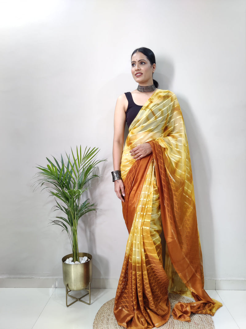 1 Min Ready To Wear Yellow Satin Silk With Blouse