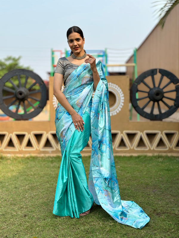 Royal Blue Colour Pure Satin Fabric Ready To Wear Saree - Teeya Creation -  4138671