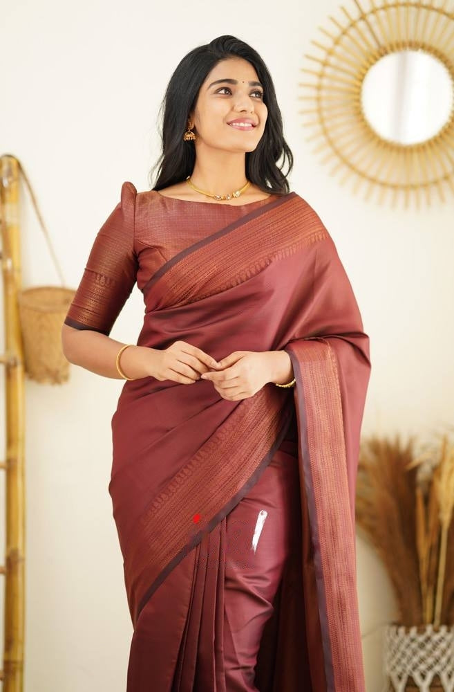 Maroon Banarasi Silk Saree With Royal Copper Border Pattu