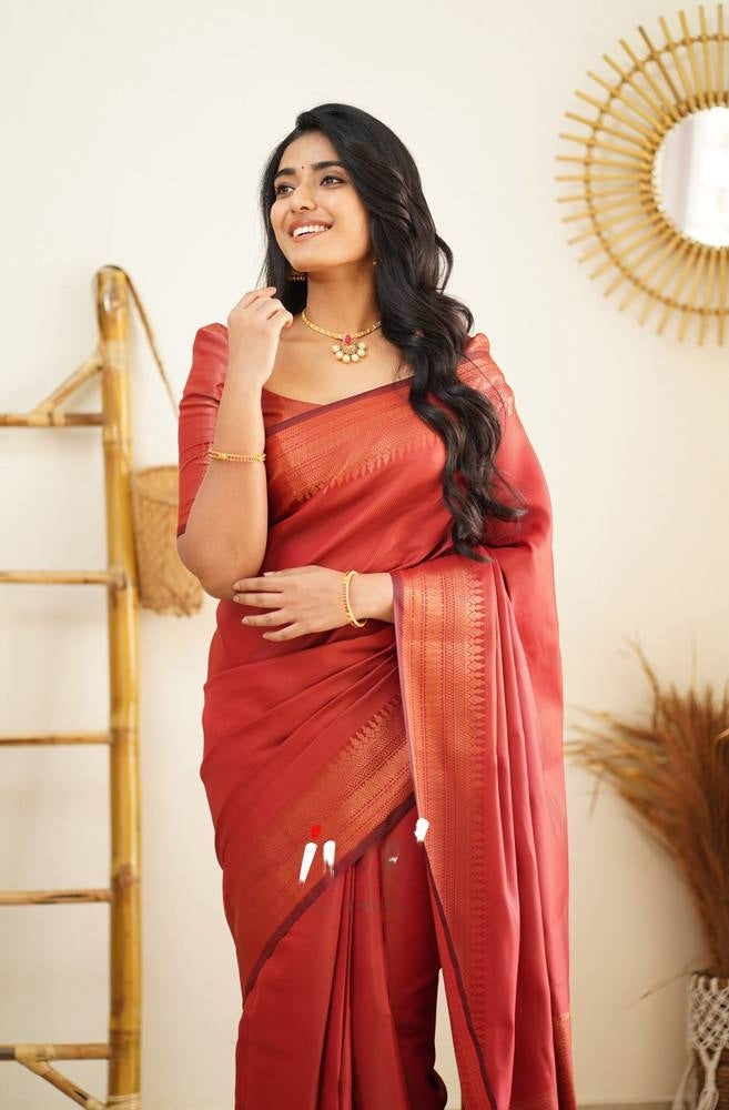 Red Banarasi Silk Saree With Royal Copper Border Pattu