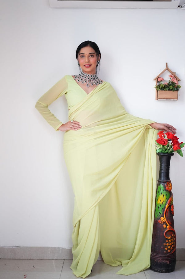 1 MIN READY TO WEAR LEMON COLOUR  SAREE IN PURE SOFT GEORGETTE SILK WITH BLOUSE