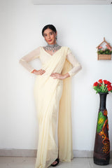 1 MIN READY TO WEAR OFF WHITE COLOUR  SAREE IN PURE SOFT GEORGETTE SILK WITH BLOUSE