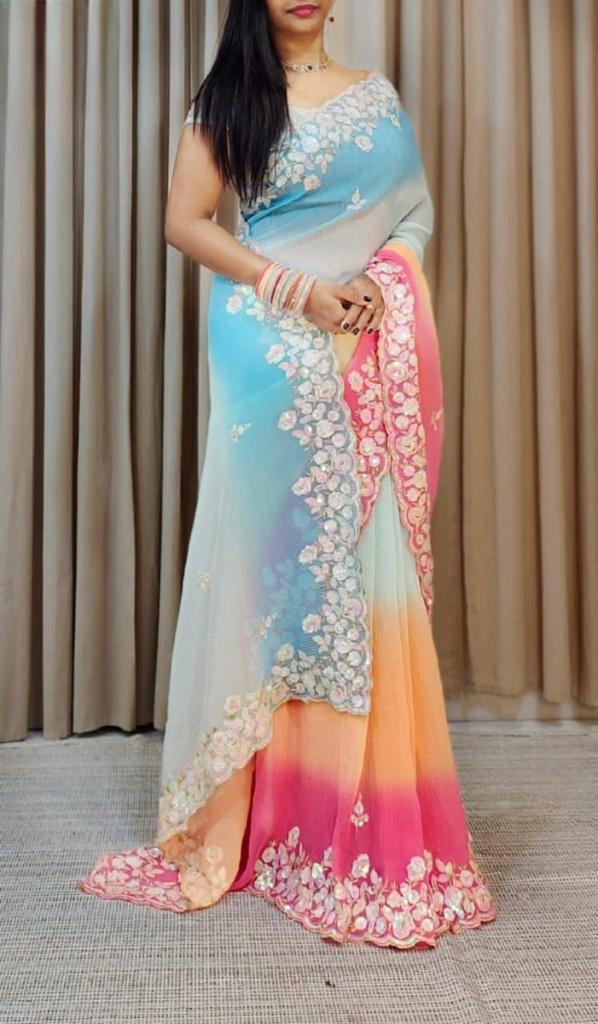 GEORGETTE WITH CRUSH PATTERN FABRIC WITH SEQUENCE EMBROIDERY WORK SAREE