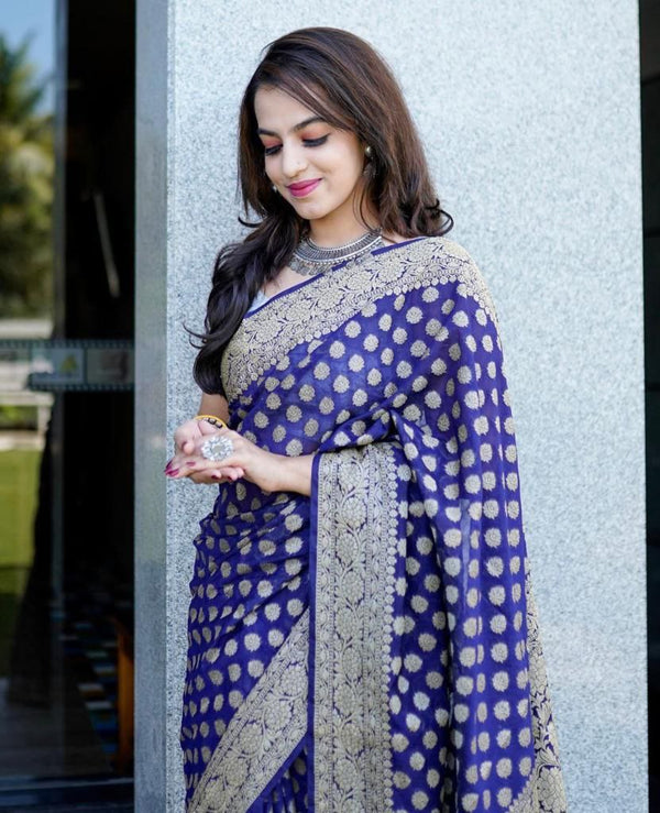 Nevy Blue Soft Silk Saree With Dot Silver Weaving Zari