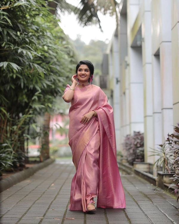 Fine baby Pink Saree With Golden Zari Weaving And Heavy Blouse