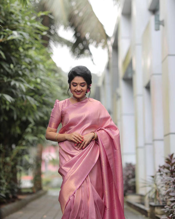 Fine baby Pink Saree With Golden Zari Weaving And Heavy Blouse