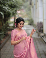 Fine baby Pink Saree With Golden Zari Weaving And Heavy Blouse