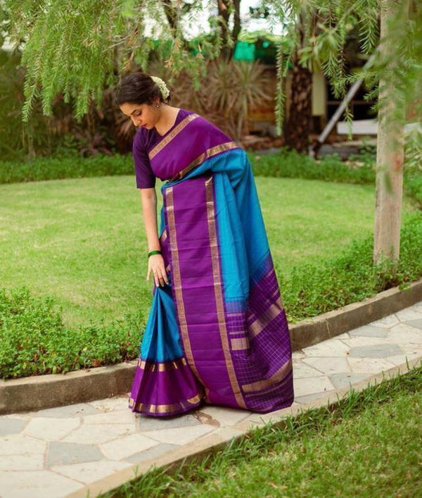 Mahati Blue Hand Woven Pure Soft Silk Saree With Blouse