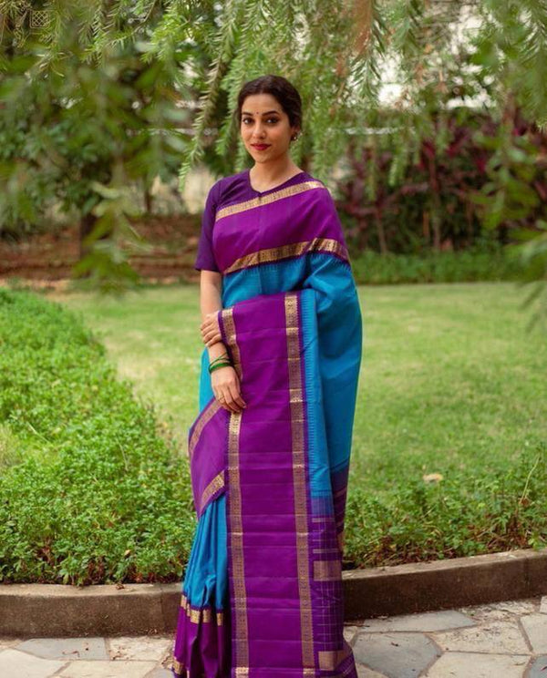 Mahati Blue Hand Woven Pure Soft Silk Saree With Blouse