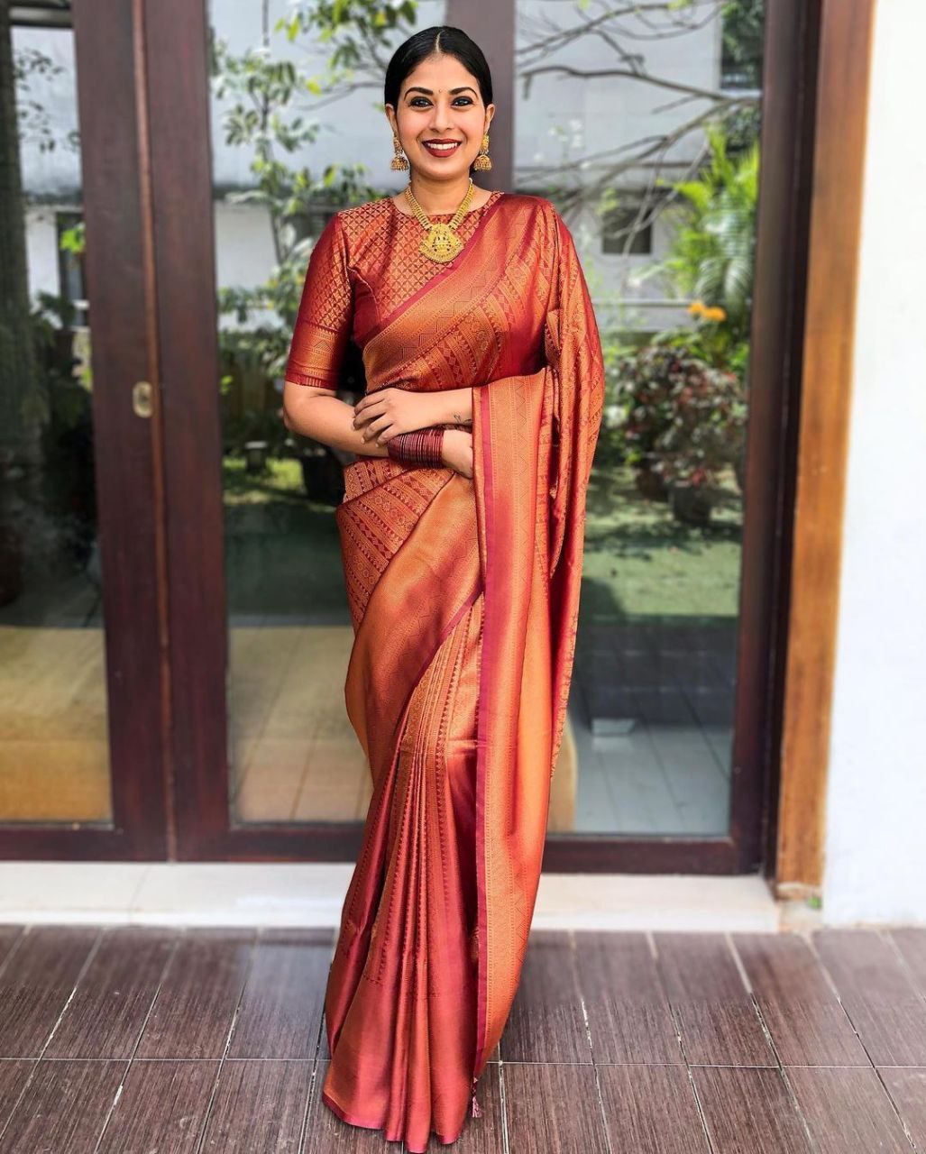 Stunning Pure Silk Maroon Saree With Copper Zari Weaving