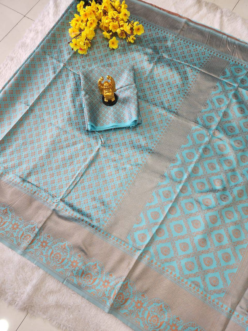 SHINE SKY BLUE PREMIUM SOFT SILK SAREE WITH RICH PALLU