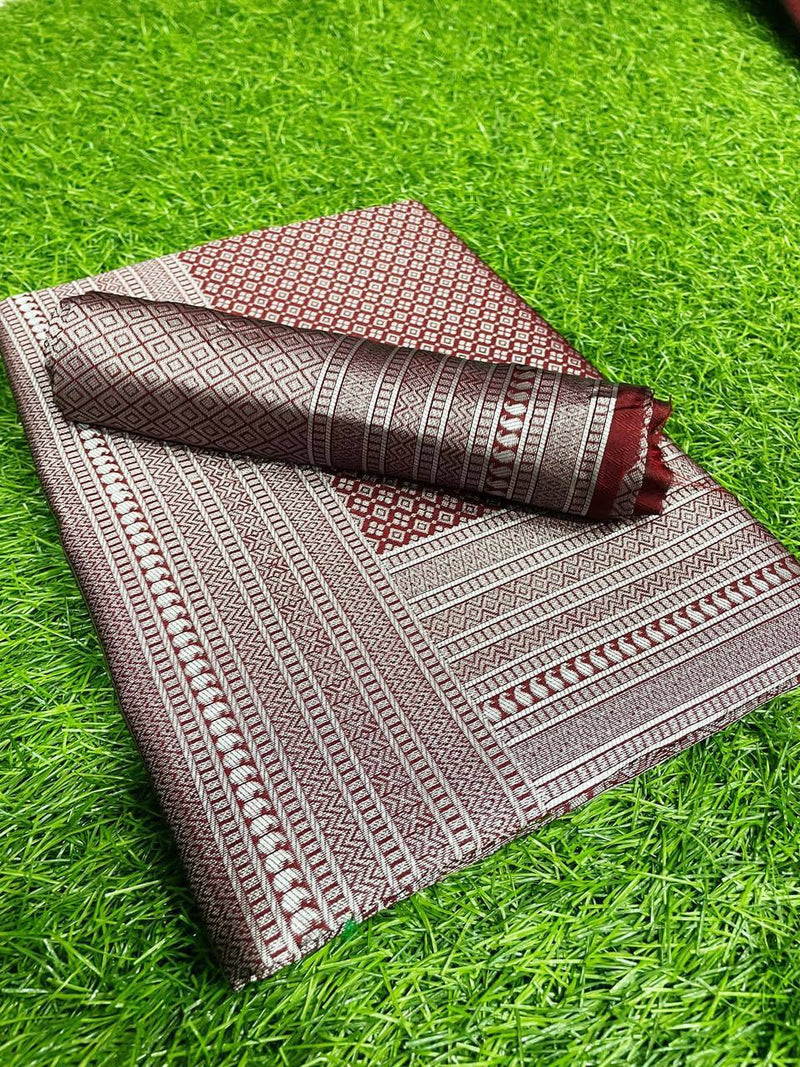 SUPER SOFT SILK SAREE WITH RICH PALLU IN  MAROON COLOR WITH SILVER ZARI WEAVING