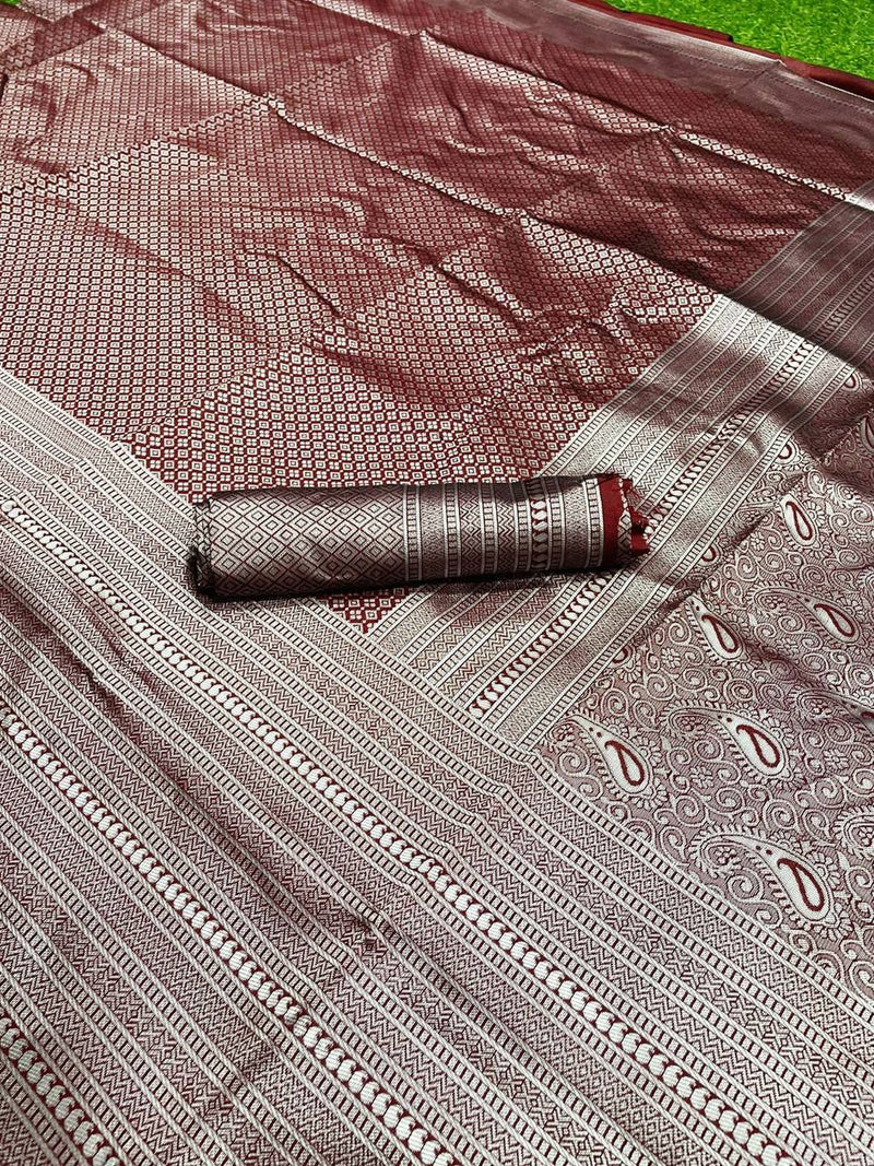 SUPER SOFT SILK SAREE WITH RICH PALLU IN  MAROON COLOR WITH SILVER ZARI WEAVING