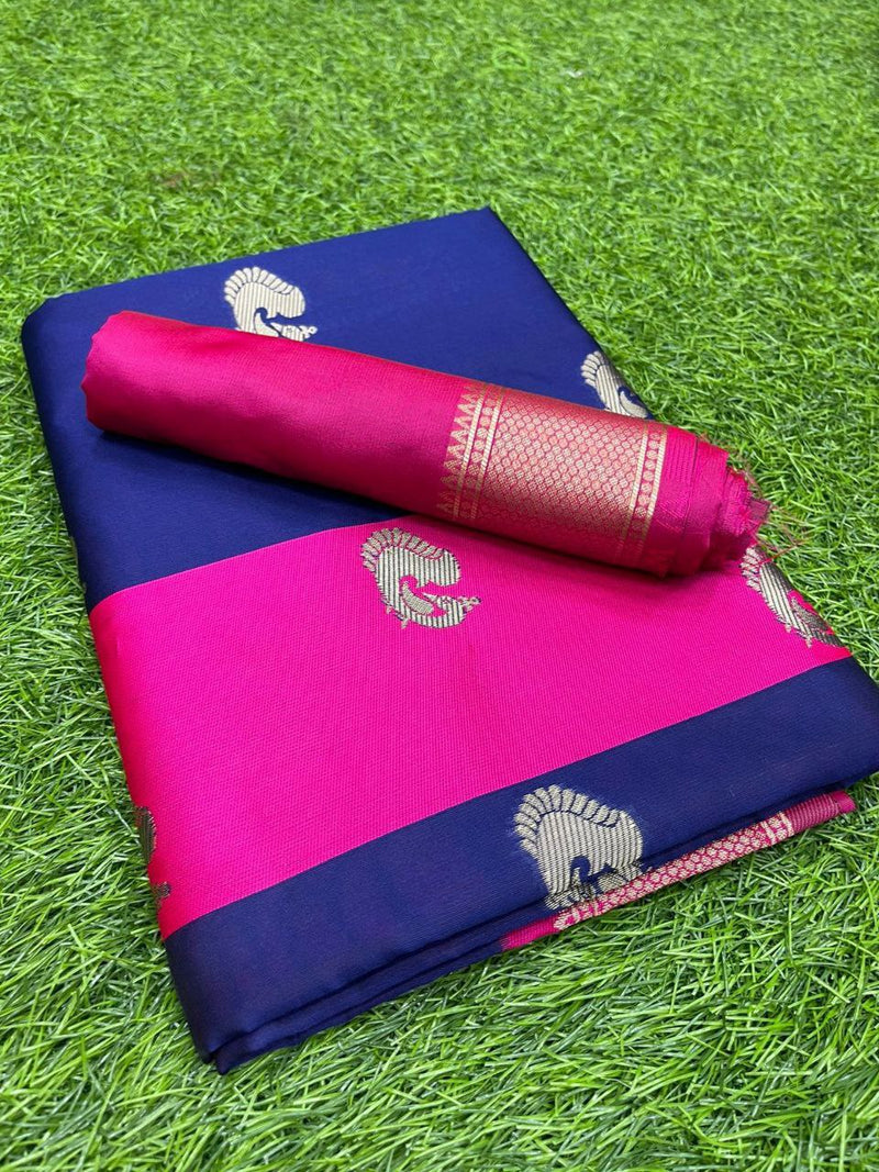 Pure Soft Silk Saree in nevy blue and pink color