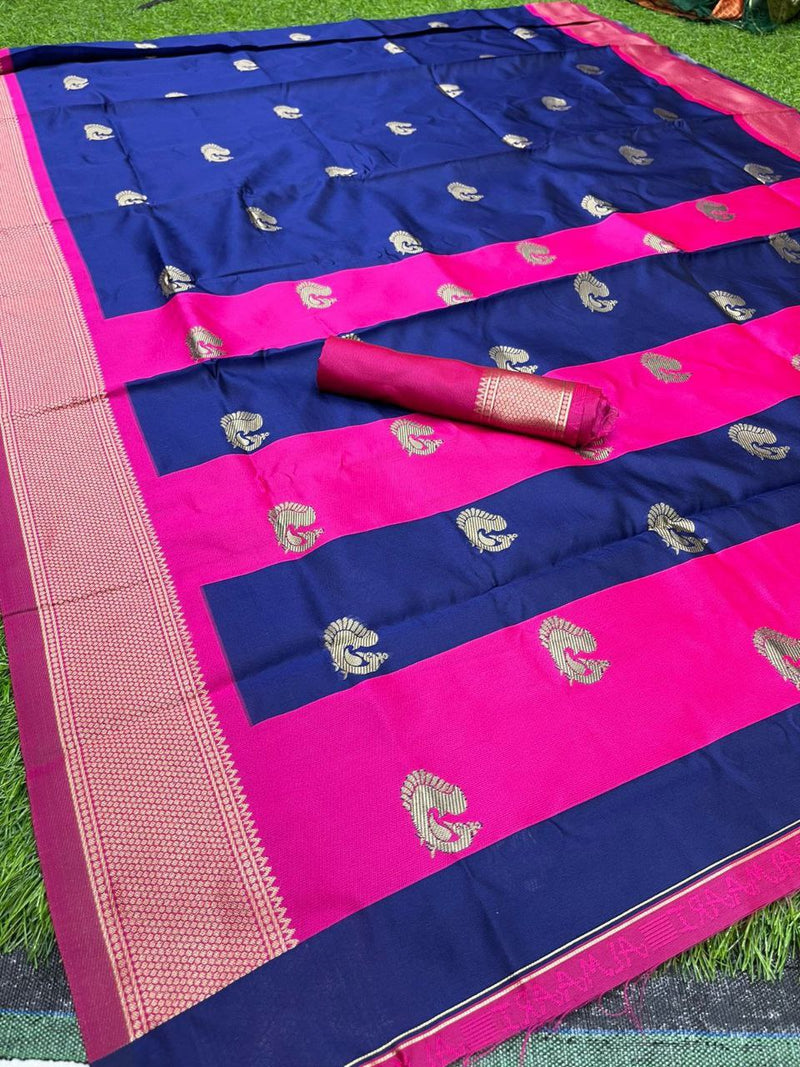 Pure Soft Silk Saree in nevy blue and pink color