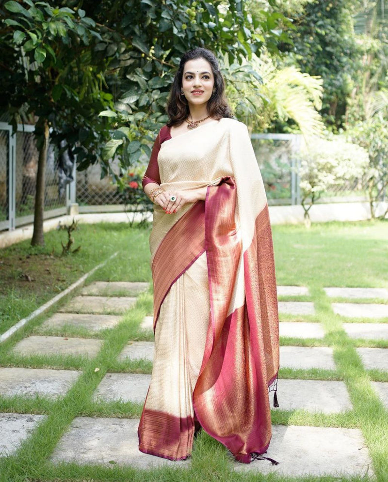 Ivory White Golden Zari Banarasi Satin Silk Saree – House of Vardha