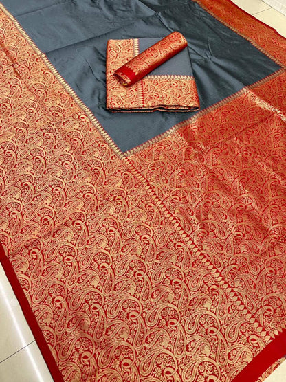 Pure Silk Saree In English Grey Color With Golden Border