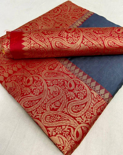 Pure Silk Saree In English Grey Color With Golden Border