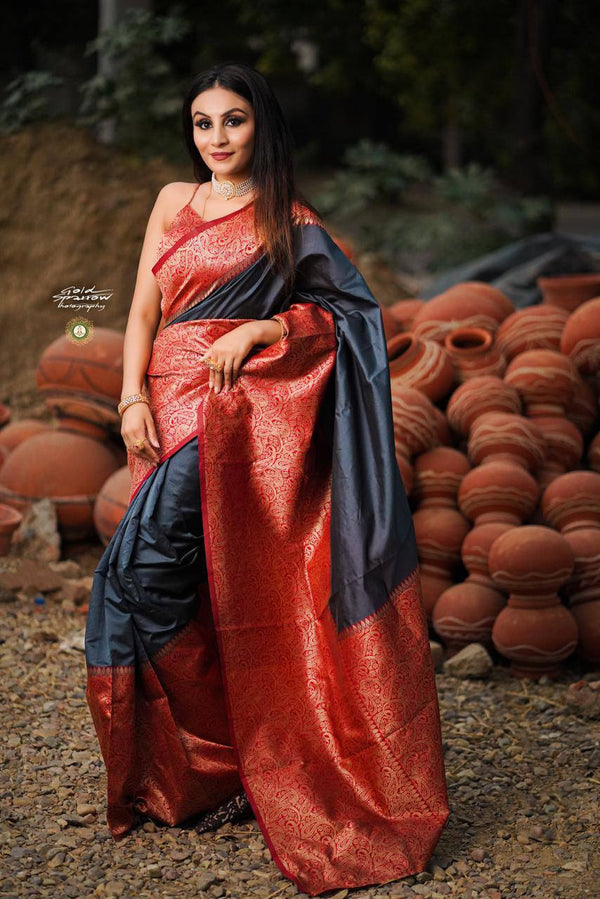 Pure Silk Saree In English Grey Color With Golden Border