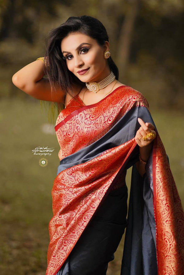 Pure Silk Saree In English Grey Color With Golden Border